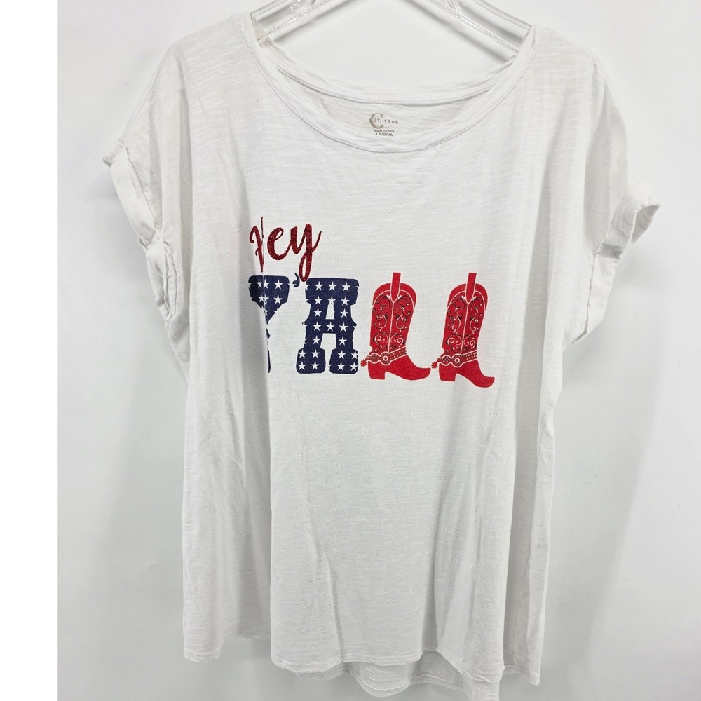 Est. 1946 T-Shirt Women 18/20W White Hey Yall Graphic Patriotic Western Slub
